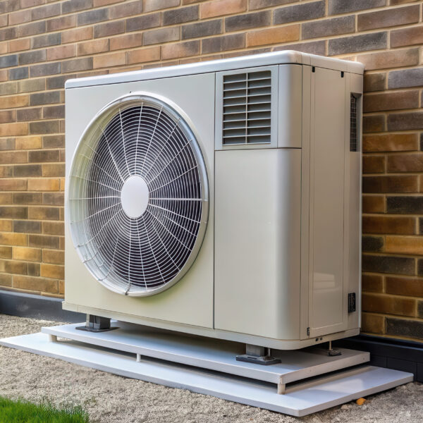 Close-up of an air source heat pump unit on the side of a house